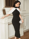 Kadın Daire Yakalı Omuzlardan Kollara Yayılan Kanat Detaylı Çift Renkli Uzun Ithal Krep Elbise