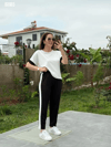 Kadın Kısa Kollu Modal Dokulu Kumaş Yanı Şeritli Takım