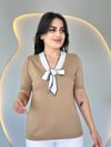Kadın Kısa Kollu V Yaka Fular Detay Merserize Triko Bbluz