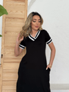 Kadın Kısa Kollu V Yaka Kol Ve Yaka Ribana Detay Midi Boy Viskon Elbise