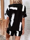 Kadın Kısa Kollu V Yakalı Desenli Bluz Ve Short Ikili Süprem Takım