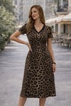Kadın Kısa Kollu V Yakalı Leopar Desenli Kısa Süprem Elbise