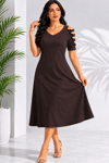 Kadın Kısa Kollu V Yakalı Omuzlardan Şerit Detaylı Viskon Midi Elbise