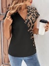 Kadın Kısa Kollu V Yakalı Önden Düğmeli Leopar Desen Detaylı Viskon Bluz