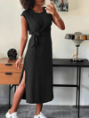 Kadın Kısa Kollu Yuvarlak Yaka Belden Bağcıklı Önden Yırtmaçlı Aerobin Elbise