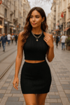 Kadın Sıfır Kol Crop Mini Etek Ikili Triko Takım