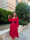 Kadın Şifon Kumaş Astalı Kloş Kesim Kruvaze Yaka Midi Boy Elbise