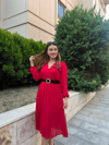 Kadın Şifon Kumaş Astalı Kloş Kesim Kruvaze Yaka Midi Boy Elbise