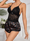 Kadın Siyah Kırmızı Kalp Desenli Saten Şort Pijama Takımı 2232