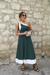 Kadın Tek Omuzu Açık Omuzlardan Kurdela Detaylı Çift Renkli Ithal Krep Elbise