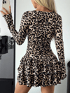 Kadın Uzun Kollu Balıkçı Yaka Fırfırlı Leopar Desenli Modal Elbise