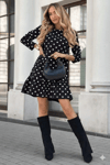 Kadın Uzun Kollu Bisiklet Yaka Fırfırlı Puantiyeli Kısa Modal Elbise