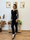 Kadın Uzun Kollu Kruvaze Yakalı Kolları Tül Detay Beli Kuşaklı Ithal Krep Tulum