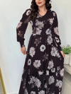 Kadın Uzun Kollu V Yakalı Çiçek Desenli Maxi Süprem Elbise