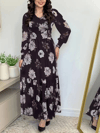Kadın Uzun Kollu V Yakalı Çiçek Desenli Maxi Süprem Elbise