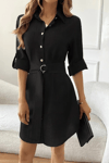 Kadın Uzun Kollu Yakalı Önden Düğmeli Beli Kuşaklı Mini Ithal Keten Elbise