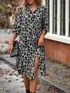 Kadın Uzun Kollu Yakalı Önden Düğmeli Leopar Desenli Modal Midi Elbise