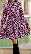 Kadın Uzun Kollu Yarı Balıkçı Yaka Leopar Desenli Modal Mini Elbise
