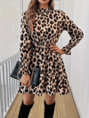 Kadın Uzun Kollu Yarı Balıkçı Yaka Leopar Desenli Modal Mini Elbise