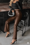 Kadın Yüksek Bel Paçaya Doğru Geniş Deri Pantolon