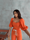 Keten Crop Karpuz Kol Bluz-pantolon Hasır Kemerli - Orange