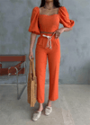 Keten Crop Karpuz Kol Bluz-pantolon Hasır Kemerli - Orange