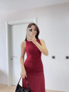 Kolsuz Büzgülü Uzun Elbise - Kırmızı