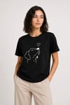 Köpek Figürlü Minimal Baskılı Tişört Kısa Kol Yazlık T-shirt - Siyah