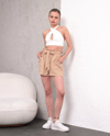 Kuşaklı Keten Şort Bej S255265