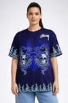 Lacivert Oversize Tişört Dragon - Kuru Kafa Baskılı Bisiklet Yaka T-shirt - Lacivert