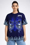 Lacivert Oversize Tişört Dragon - Kuru Kafa Baskılı Bisiklet Yaka T-shirt - Lacivert