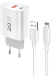 Mey İthalat®  C89Q 1 Adet 30W Type-C ve 1 Adet 22.5W USB Çıkışlı Ekstra DL48 1M USB to Lightning Kablolu PD Şarj Cihazı - Beyaz