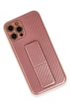 Mey İthalat®  iPhone 12 Pro Kılıf Coco Karbon Standlı Kapak - Pembe