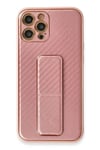 Mey İthalat®  iPhone 12 Pro Kılıf Coco Karbon Standlı Kapak - Pembe