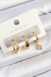 Mey İthalat® Pirinç Zirkon Taşlı Halka Model Gold Renk 3'lü Çift Kadın Küpe Set