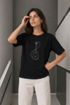 Minimal Gitar Baskılı Tişört T-shirt Yazlık Kısa Kol Bisiklet Yaka T-shirt - Siyah