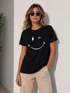 Minimal Gülümseyen Yüz Baskılı Tişört Kısa Kol Yazlık T-shirt - Siyah