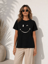 Minimal Gülümseyen Yüz Baskılı Tişört Kısa Kol Yazlık T-shirt - Siyah