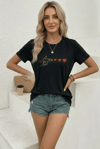 Minimal Kalp İşaret Baskılı Tişört Kısa Kol Yazlık T-shirt - Siyah