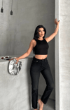 Mom Fit Enzim Bıyıklı Taş Yıkama Jeans Pantolon Siyah D2006
