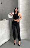 Mom Fit Enzim Bıyıklı Taş Yıkama Jeans Pantolon Siyah D2006