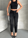 Mom Fit Enzim Bıyıklı Taş Yıkama Jeans Pantolon Siyah D2006