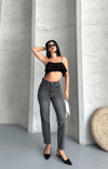 Mom Fit Enzim Taş Yıkama Jeans Pantolon Füme D2006