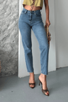 Mom Fit Kar Yıkama Bıyık Detaylı Jeans Pantolon D2006