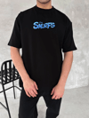 Ön Ve Arka Baskılı Oversize Bisiklet Yaka T-shirt- Siyah