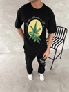 Ön Ve Arka Baskılı Oversize Bisiklet Yaka T-shirt- Siyah