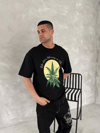 Ön Ve Arka Baskılı Oversize Bisiklet Yaka T-shirt- Siyah