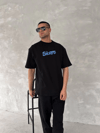Ön Ve Arka Baskılı Oversize Bisiklet Yaka T-shirt- Siyah