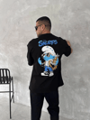 Ön Ve Arka Baskılı Oversize Bisiklet Yaka T-shirt- Siyah
