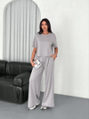 Osy Modal Yumuşak Dokulu Kumaş Bisiklet Yaka T-shirt  Bol Paça Pantalon Ikili Takım - Boyalı Gri